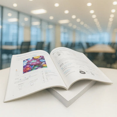 無線綴じ冊子がオフィスのデスクの上に開いた状態で置かれている