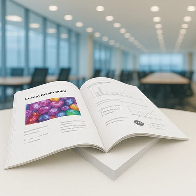 中綴じ冊子がオフィスのデスクの上で開かれた状態で置かれている